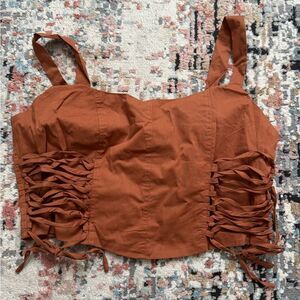 Brown and Orange Ruched Tie Front Crop Tank Top